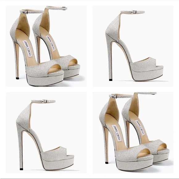 Jimmy Choo Max 150 Metallic Silver Glitter Platform Stiletto Sandals 35 - Picture 1 of 14